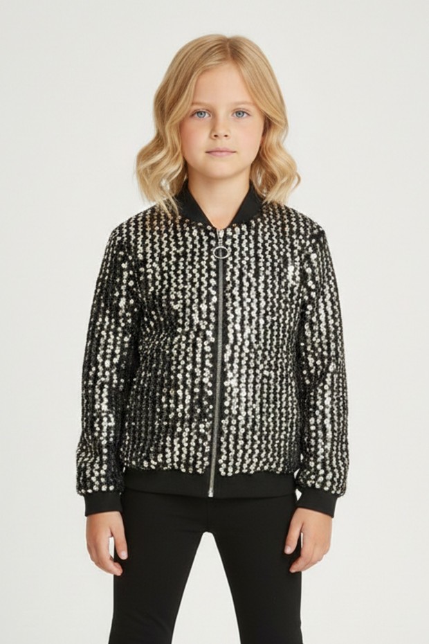 Kız Çocuk Payetli Fermuarlı Bomber Şık Ceket 