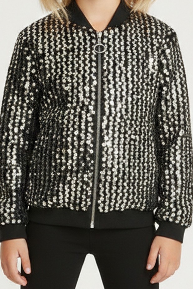 Kız Çocuk Payetli Fermuarlı Bomber Şık Ceket 