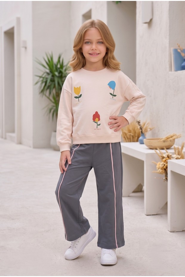 Kız Çocuk Çiçek Baskılı %100 Pamuk İki İplik Fırçalı Kumaş Bol Paça Pantolonlu Takım