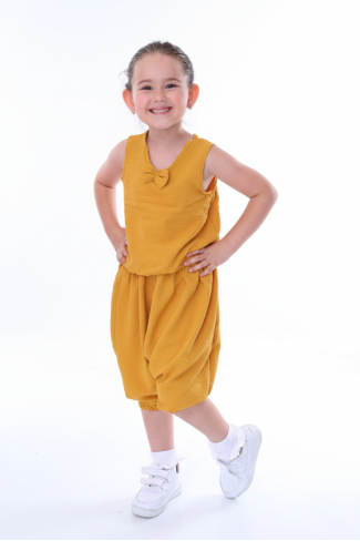 Kız Çocuk Kolsuz V Yaka Fiyonk Detaylı Şalvar Kesim Rahat Yazlık Takım 