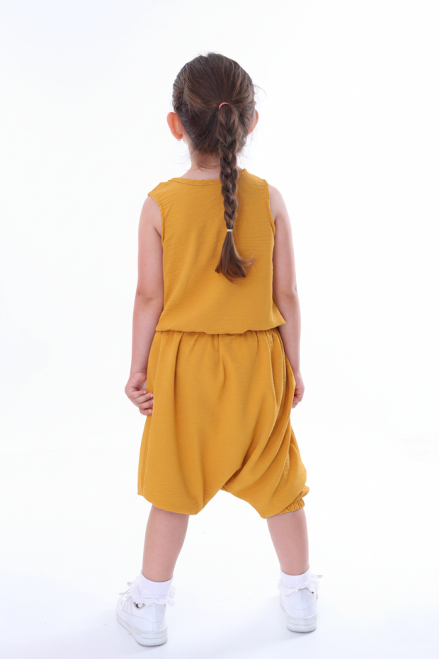 Kız Çocuk Kolsuz V Yaka Fiyonk Detaylı Şalvar Kesim Rahat Yazlık Takım 