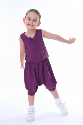 Kız Çocuk Kolsuz V Yaka Fiyonk Detaylı Şalvar Kesim Rahat Yazlık Takım 