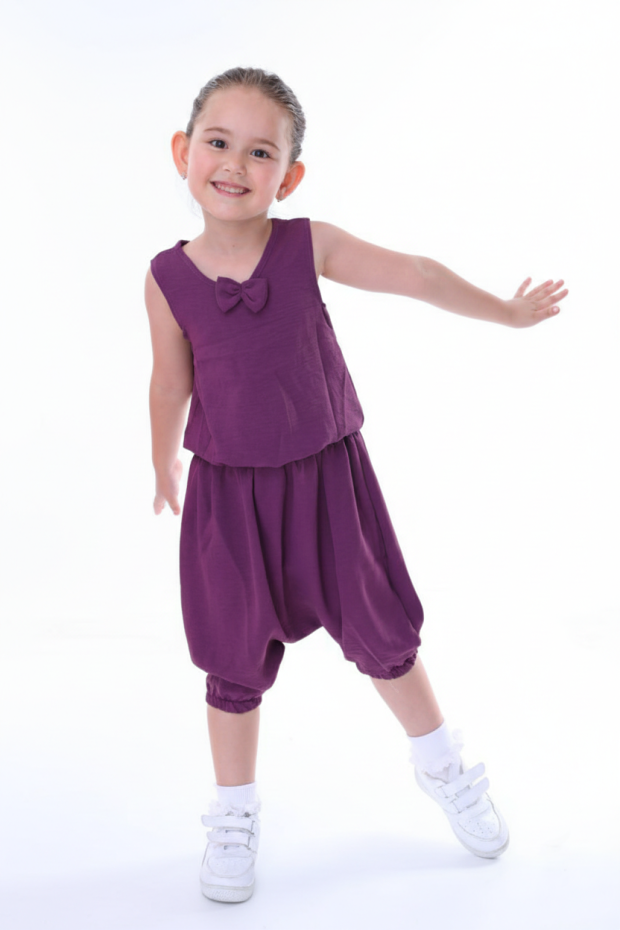 Kız Çocuk Kolsuz V Yaka Fiyonk Detaylı Şalvar Kesim Rahat Yazlık Takım 