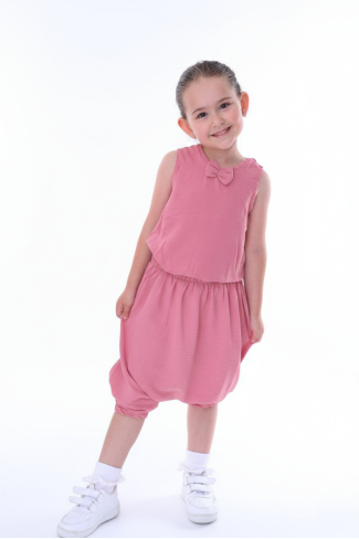 Kız Çocuk Kolsuz V Yaka Fiyonk Detaylı Şalvar Kesim Rahat Yazlık Takım 