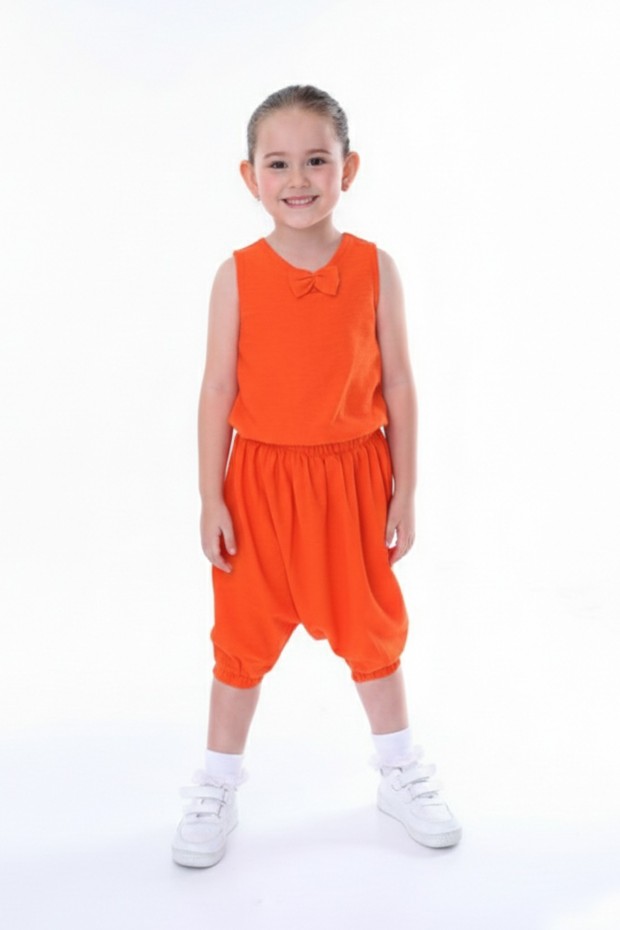 Kız Çocuk Kolsuz V Yaka Fiyonk Detaylı Şalvar Kesim Rahat Yazlık Takım 