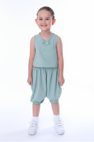 Kız Çocuk Kolsuz V Yaka Fiyonk Detaylı Şalvar Kesim Rahat Yazlık Takım 