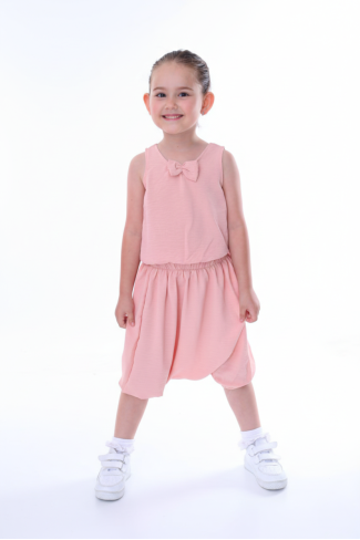 Kız Çocuk Kolsuz V Yaka Fiyonk Detaylı Şalvar Kesim Rahat Yazlık Takım 