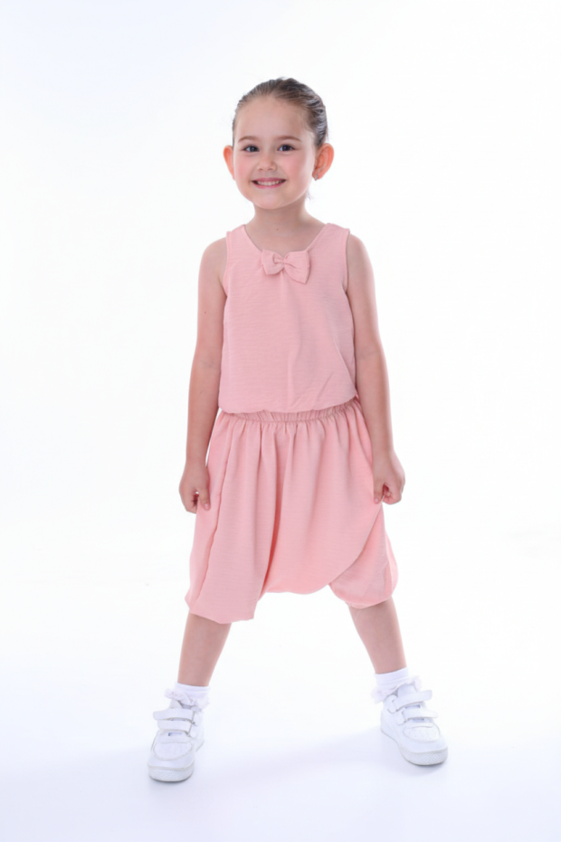 Kız Çocuk Kolsuz V Yaka Fiyonk Detaylı Şalvar Kesim Rahat Yazlık Takım 