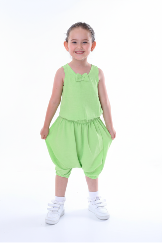 Kız Çocuk Kolsuz V Yaka Fiyonk Detaylı Şalvar Kesim Rahat Yazlık Takım 