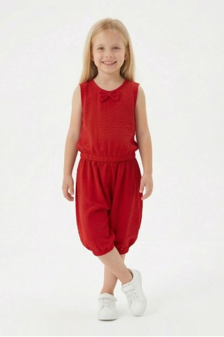 Kız Çocuk Kolsuz V Yaka Fiyonk Detaylı Şalvar Kesim Rahat Yazlık Takım