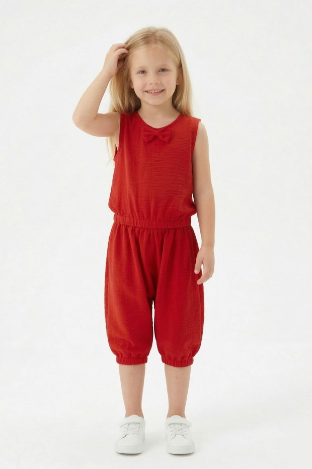 Kız Çocuk Kolsuz V Yaka Fiyonk Detaylı Şalvar Kesim Rahat Yazlık Takım