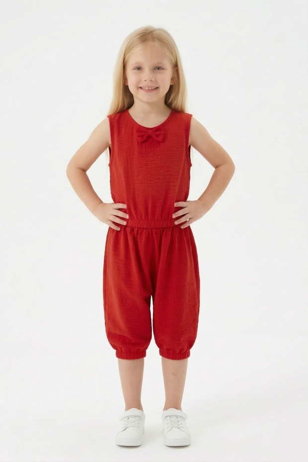 Kız Çocuk Kolsuz V Yaka Fiyonk Detaylı Şalvar Kesim Rahat Yazlık Takım