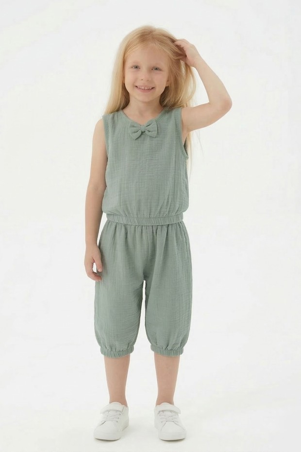 Kız Çocuk Kolsuz V Yaka Fiyonk Detaylı Şalvar Kesim Rahat Yazlık Takım 