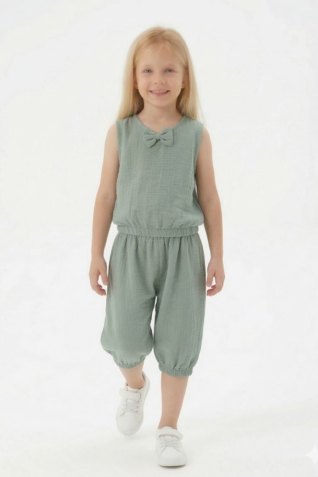 Kız Çocuk Kolsuz V Yaka Fiyonk Detaylı Şalvar Kesim Rahat Yazlık Takım 