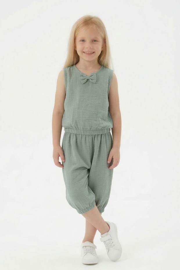 Kız Çocuk Kolsuz V Yaka Fiyonk Detaylı Şalvar Kesim Rahat Yazlık Takım 