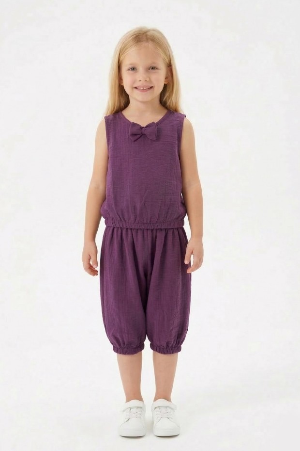 Kız Çocuk Kolsuz V Yaka Fiyonk Detaylı Şalvar Kesim Rahat Yazlık Takım 