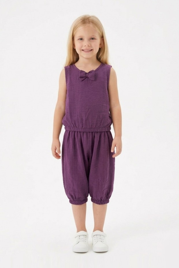 Kız Çocuk Kolsuz V Yaka Fiyonk Detaylı Şalvar Kesim Rahat Yazlık Takım 