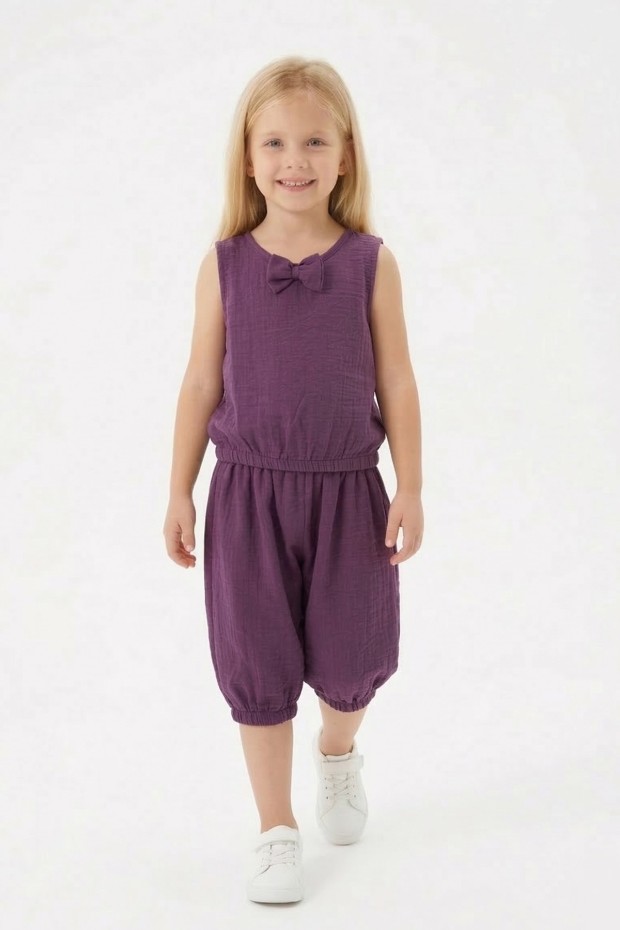 Kız Çocuk Kolsuz V Yaka Fiyonk Detaylı Şalvar Kesim Rahat Yazlık Takım 