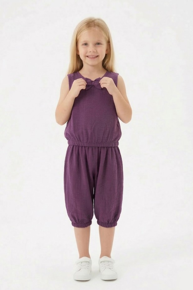 Kız Çocuk Kolsuz V Yaka Fiyonk Detaylı Şalvar Kesim Rahat Yazlık Takım 