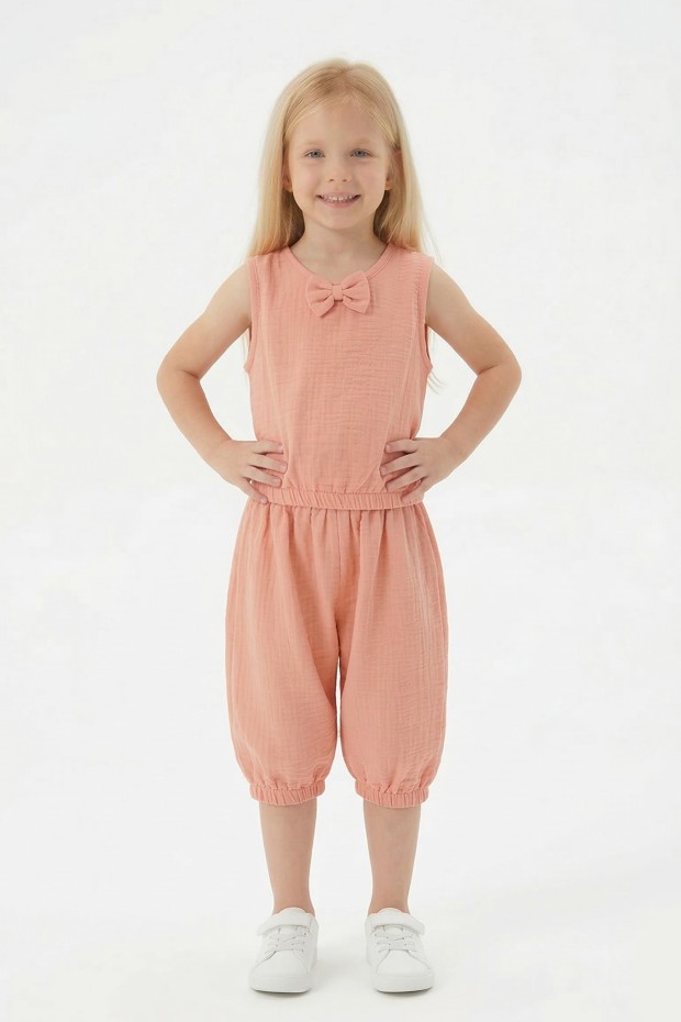 Kız Çocuk Kolsuz V Yaka Fiyonk Detaylı Şalvar Kesim Rahat Yazlık Takım 