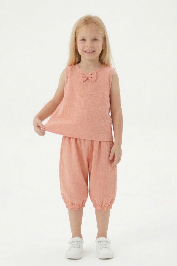 Kız Çocuk Kolsuz V Yaka Fiyonk Detaylı Şalvar Kesim Rahat Yazlık Takım 