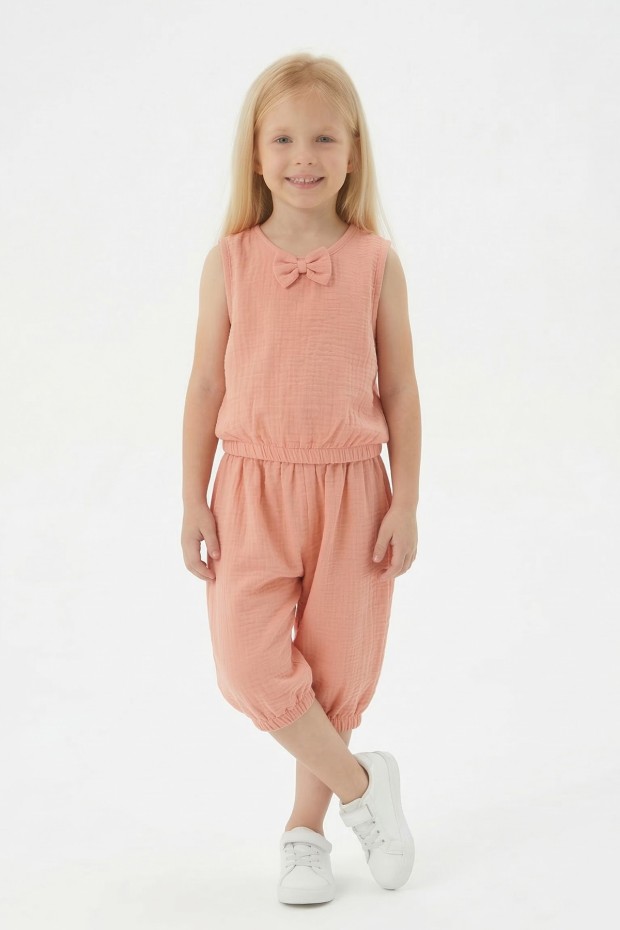 Kız Çocuk Kolsuz V Yaka Fiyonk Detaylı Şalvar Kesim Rahat Yazlık Takım 