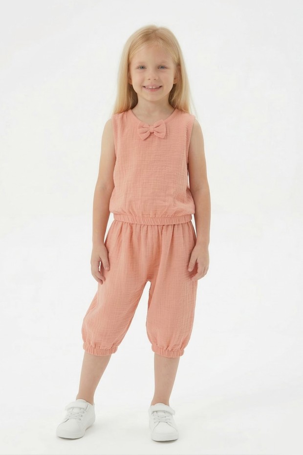 Kız Çocuk Kolsuz V Yaka Fiyonk Detaylı Şalvar Kesim Rahat Yazlık Takım 