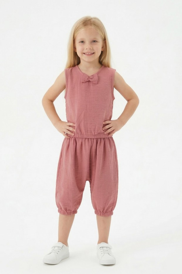 Kız Çocuk Kolsuz V Yaka Fiyonk Detaylı Şalvar Kesim Rahat Yazlık Takım 