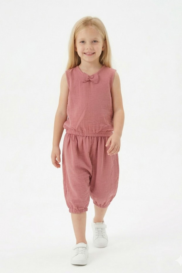 Kız Çocuk Kolsuz V Yaka Fiyonk Detaylı Şalvar Kesim Rahat Yazlık Takım 