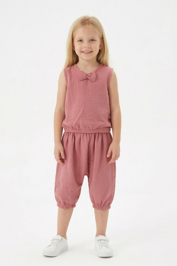 Kız Çocuk Kolsuz V Yaka Fiyonk Detaylı Şalvar Kesim Rahat Yazlık Takım 