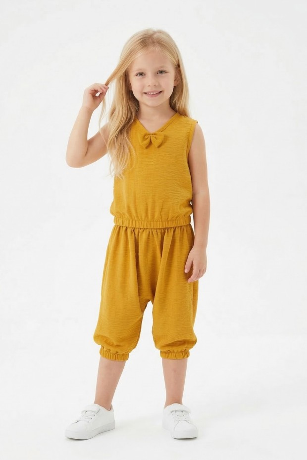 Kız Çocuk Kolsuz V Yaka Fiyonk Detaylı Şalvar Kesim Rahat Yazlık Takım 