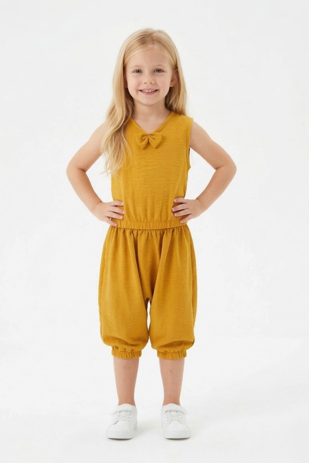 Kız Çocuk Kolsuz V Yaka Fiyonk Detaylı Şalvar Kesim Rahat Yazlık Takım 