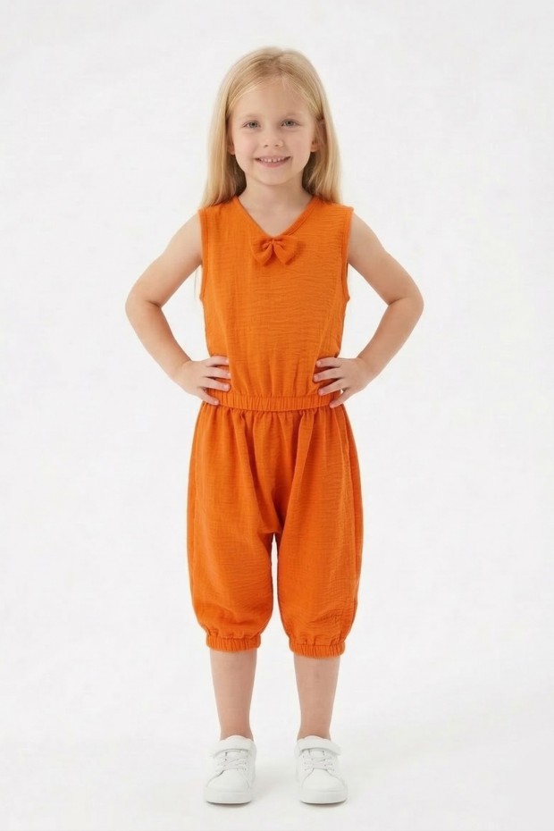 Kız Çocuk Kolsuz V Yaka Fiyonk Detaylı Şalvar Kesim Rahat Yazlık Takım 