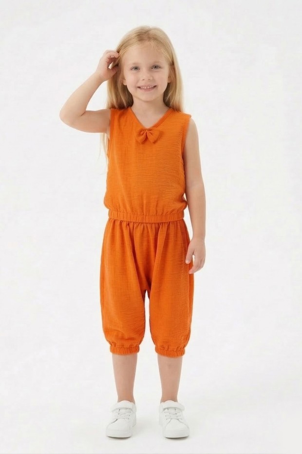 Kız Çocuk Kolsuz V Yaka Fiyonk Detaylı Şalvar Kesim Rahat Yazlık Takım 