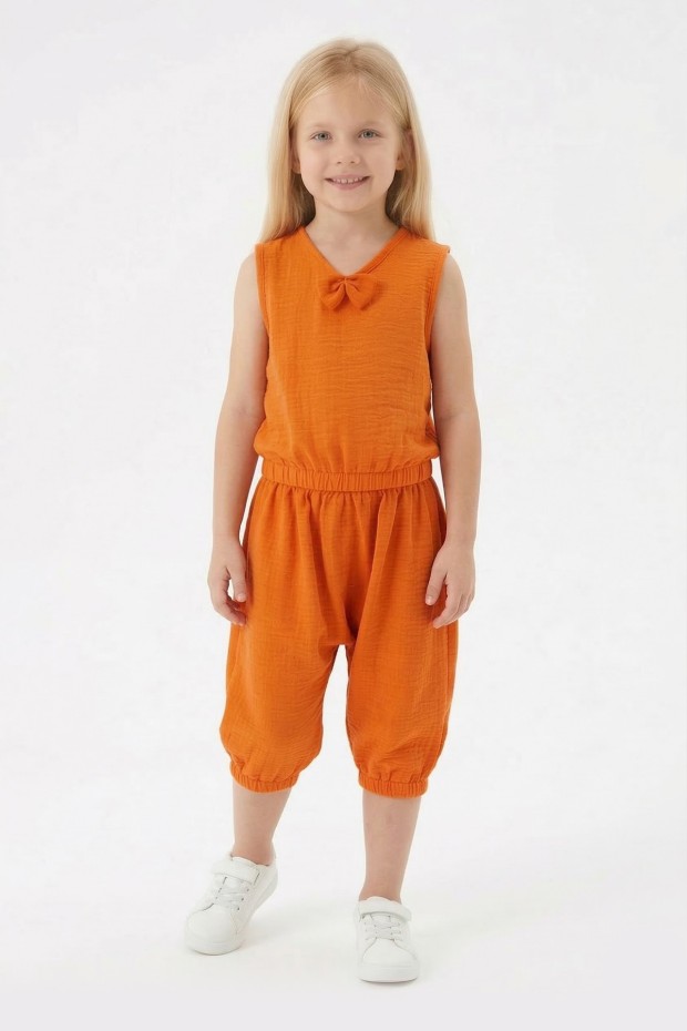 Kız Çocuk Kolsuz V Yaka Fiyonk Detaylı Şalvar Kesim Rahat Yazlık Takım 