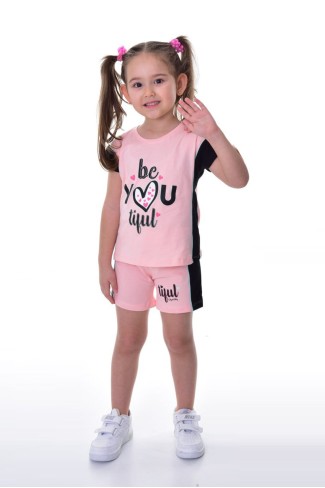 Kız Çocuk Kalp Baskılı Kısa Kollu Şortlu Pamuklu Yazlık Takımı