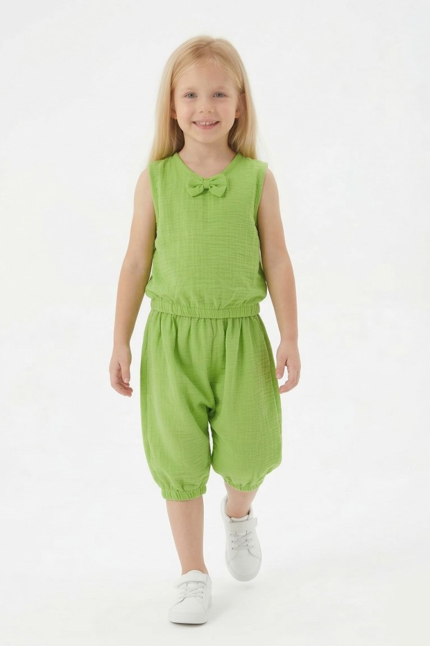 Kız Çocuk Kolsuz V Yaka Fiyonk Detaylı Şalvar Kesim Rahat Yazlık Takım 