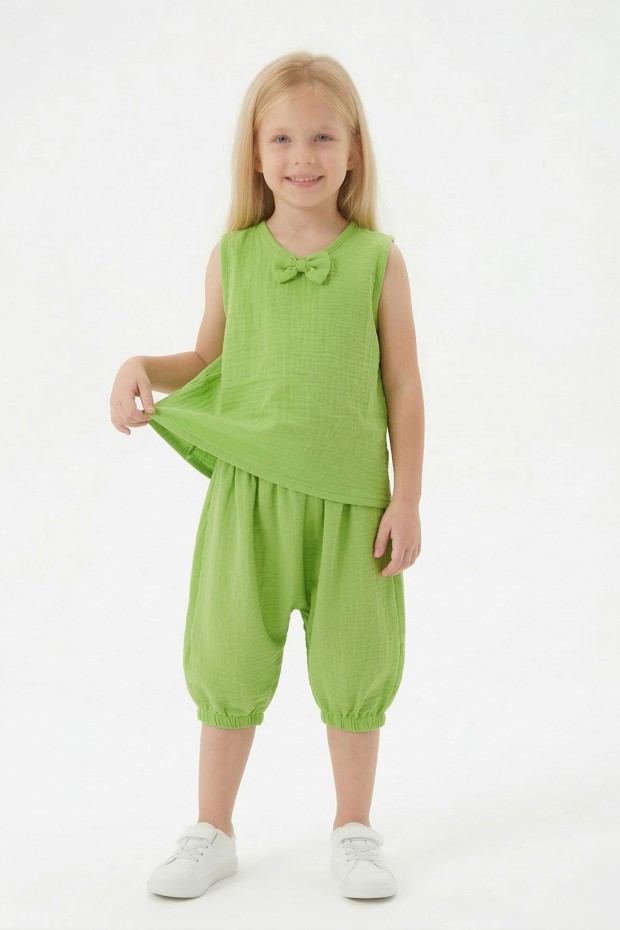 Kız Çocuk Kolsuz V Yaka Fiyonk Detaylı Şalvar Kesim Rahat Yazlık Takım 