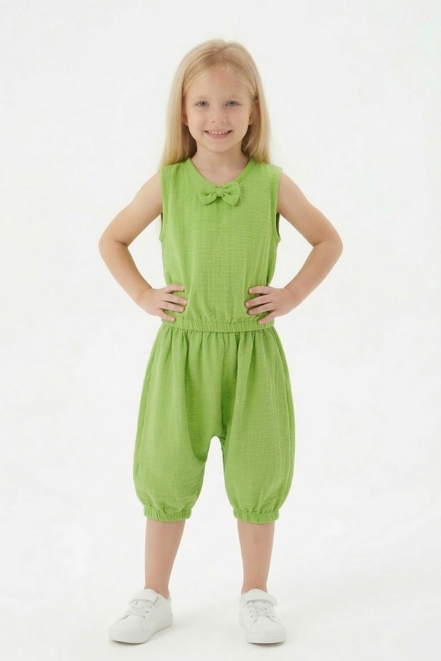 Kız Çocuk Kolsuz V Yaka Fiyonk Detaylı Şalvar Kesim Rahat Yazlık Takım 