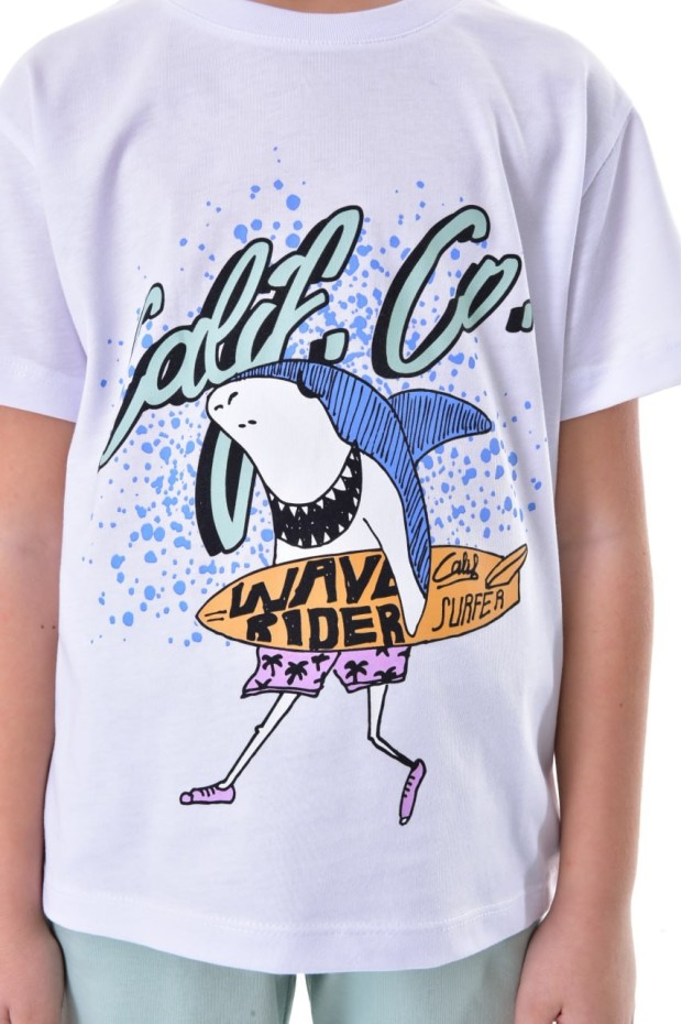 Erkek Çocuk Köpek Balığı Ve Surf Temalı Baskılı Kısa Kollu Tişört Şort Takım