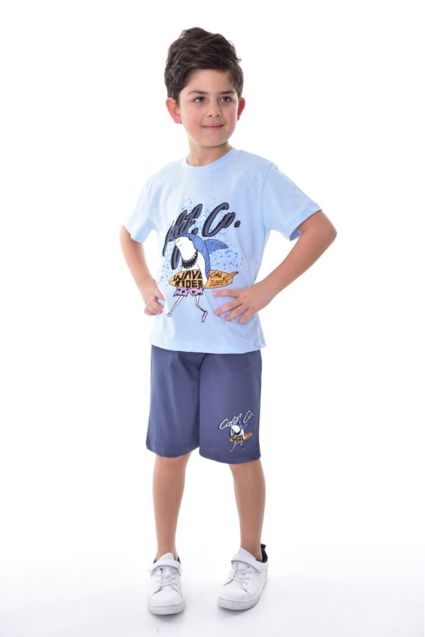 Erkek Çocuk Köpek Balığı Ve Surf Temalı Baskılı Kısa Kollu Tişört Şort Takım 