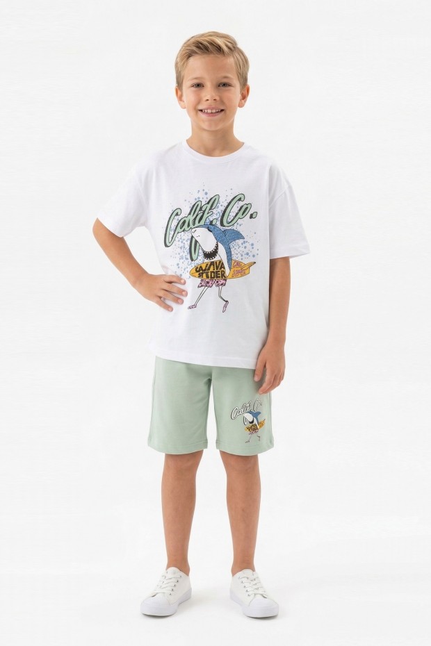 Erkek Çocuk Köpek Balığı Ve Surf Temalı Baskılı Kısa Kollu Tişört Şort Takım