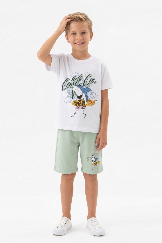 Erkek Çocuk Köpek Balığı Ve Surf Temalı Baskılı Kısa Kollu Tişört Şort Takım