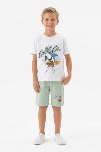 Erkek Çocuk Köpek Balığı Ve Surf Temalı Baskılı Kısa Kollu Tişört Şort Takım
