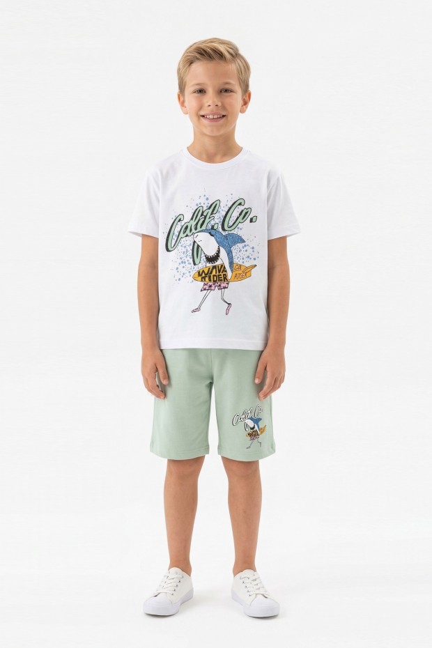 Erkek Çocuk Köpek Balığı Ve Surf Temalı Baskılı Kısa Kollu Tişört Şort Takım
