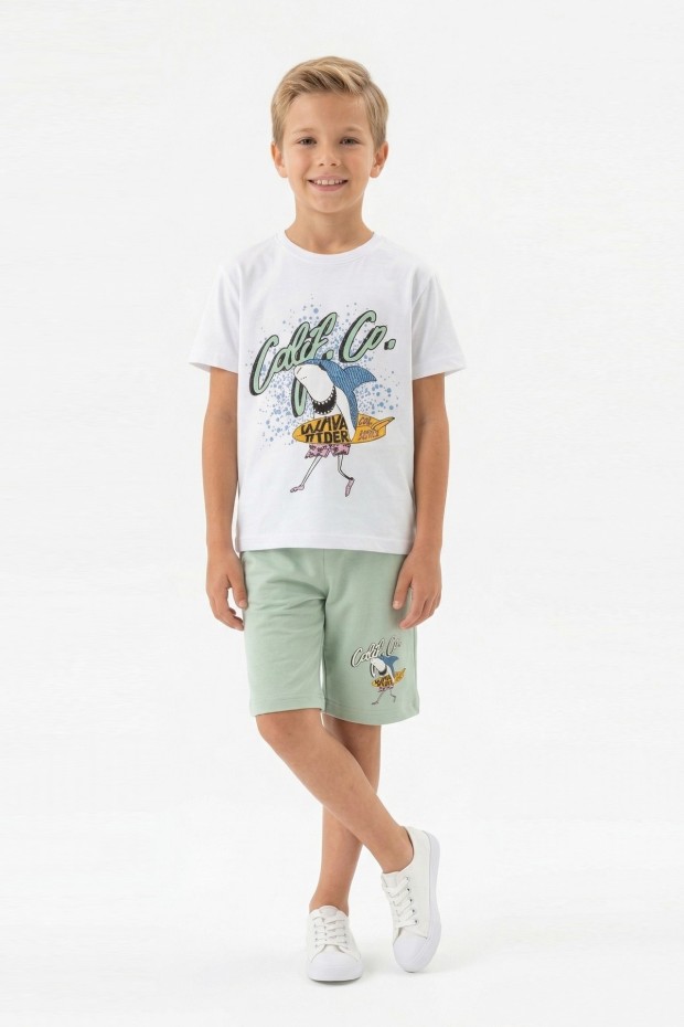 Erkek Çocuk Köpek Balığı Ve Surf Temalı Baskılı Kısa Kollu Tişört Şort Takım
