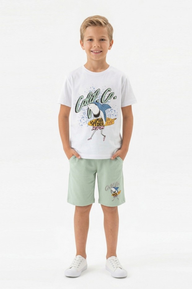 Erkek Çocuk Köpek Balığı Ve Surf Temalı Baskılı Kısa Kollu Tişört Şort Takım