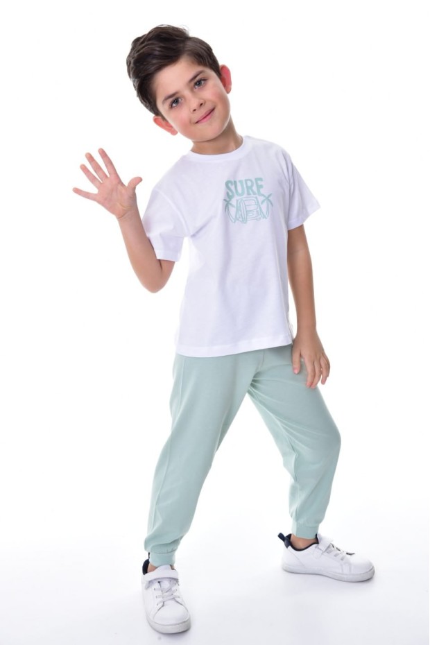 Erkek Çocuk Surf Yazılı Kısa Kollu Pamuklu Tişört Ve Eşofman Altı İkili Takım