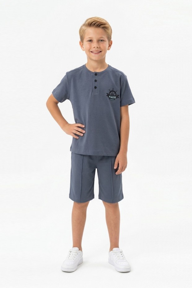 Erkek Çocuk Hakim Yaka Düğme Detaylı Kısa Kollu Tişört Şort İkili Yazlık Takım