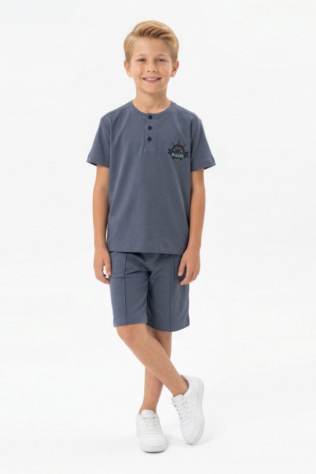 Erkek Çocuk Hakim Yaka Düğme Detaylı Kısa Kollu Tişört Şort İkili Yazlık Takım